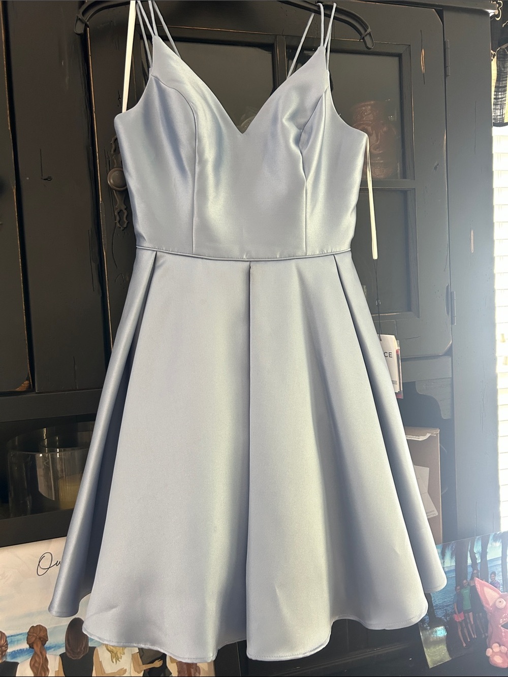Alyce Paris Light Blue Satin Fit-and-Flare Spaghetti Strap Dress